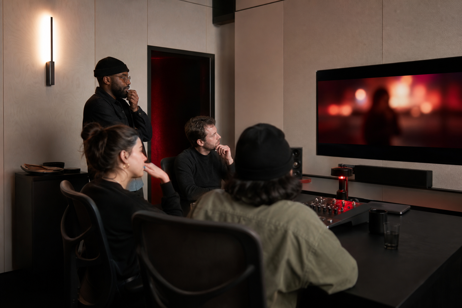 Équipe de post-production autour d'une session de montage